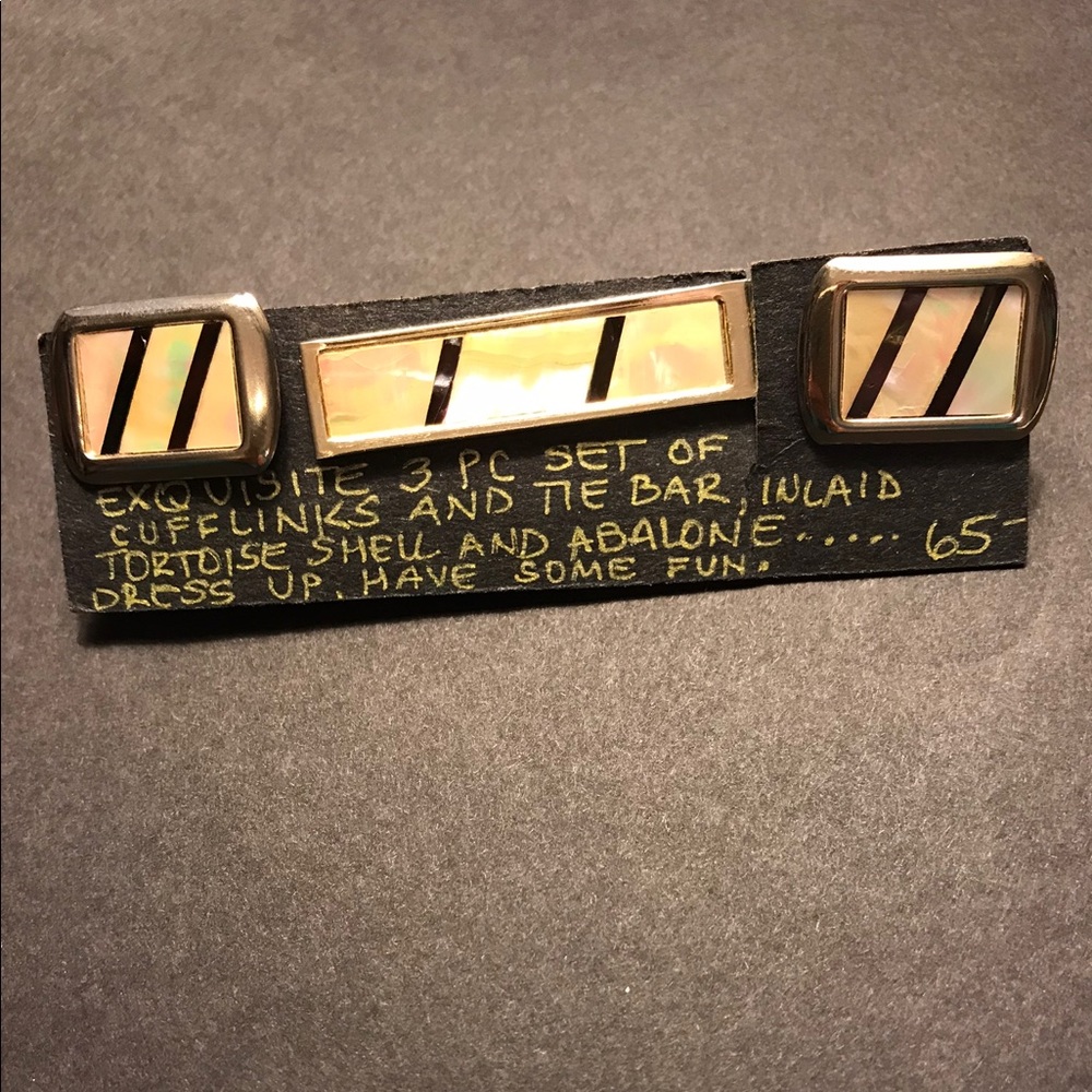 3 Piece Set Cuff Links & Tie Bar Tortoise Abalone Inlaid Shell Retro Vintage